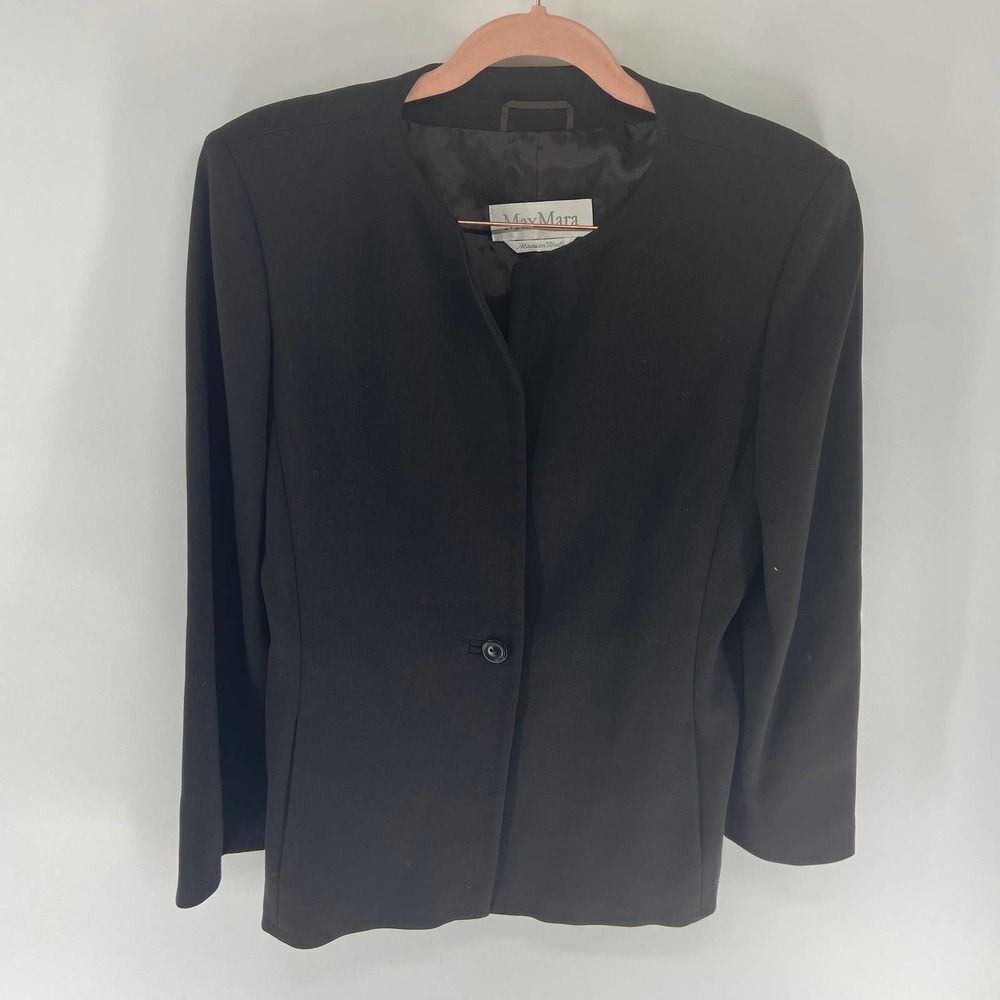MaxMara Strong Shoulder Black wool notch collar Single Button Blazer womens 8
